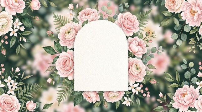 Elegant blank arch frame centered on a romantic watercolor floral background featuring soft pink roses and lush greenery for wedding invitations or feminine aesthetic party stationery decor