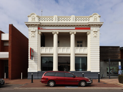 Northam, Western Australia, Australia - August 1 2026: Grand neoclassical facade, historic heritage Westpac building. Formerly Bank of New South Wales. Shire of Northam, Avon Valley,  Wheatbelt region