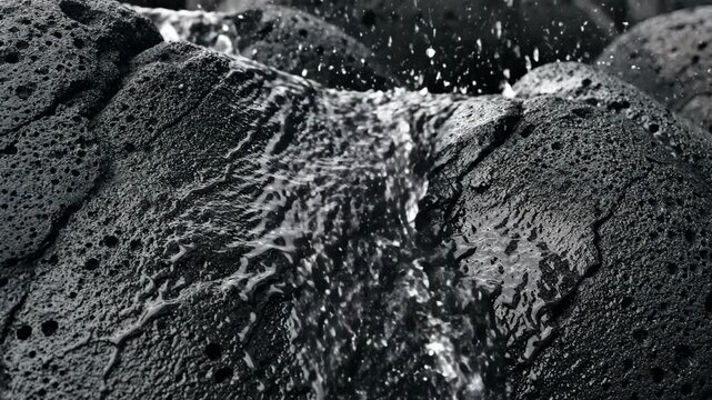 Close-up of clear water flowing and splashing over dark porous volcanic rock surface, capturing natural textures and liquid motion.