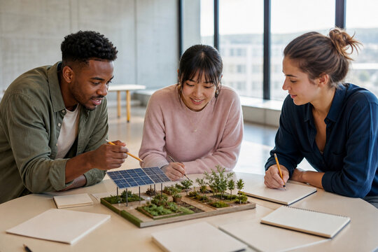 Diverse College Students Collaborating on Sustainability Project
