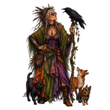 Wise Forest Witch with Raven, Fox, Black Cat, and Dog