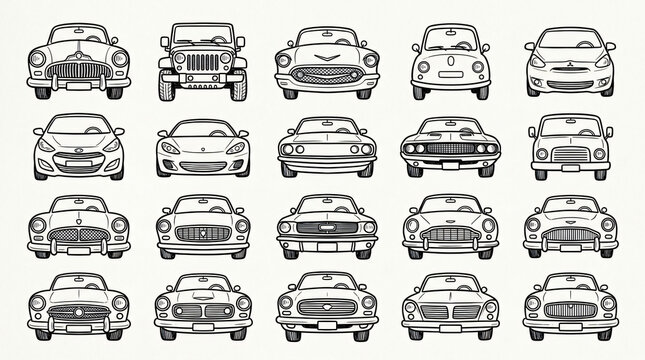 Car front grilles and headlights hand drawn illustrations set. Vintage doodle drawings of automotive nose shapes and classic vehicle faces. Clean line art collection for car design studio.