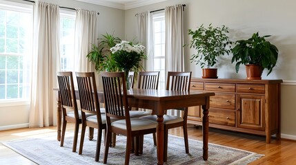 Fototapeta premium A wooden dining table surrounded by chairs and potted plants under bright natural light from large