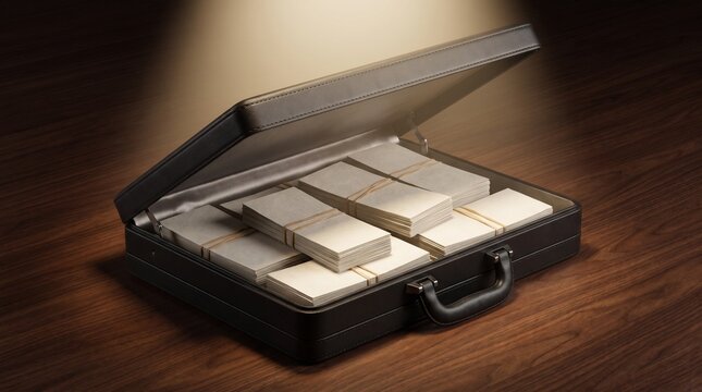 Open black leather briefcase filled with bundled stacks of blank cash notes on a dark wooden table. Dramatic spotlight concept for wealth, corporate bribes, ransom, and secret investments