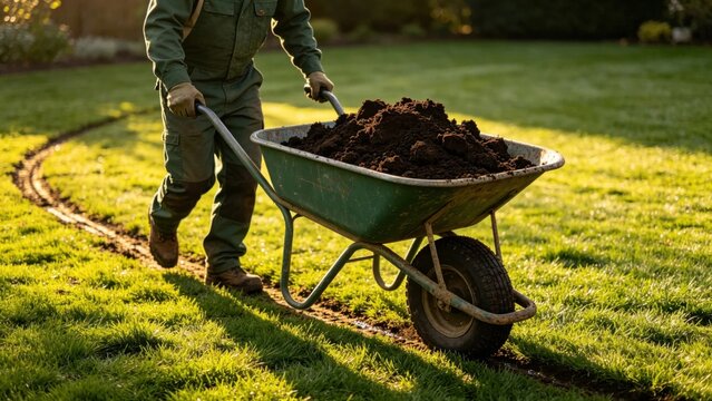 Gardener pushing wheelbarrow of soil