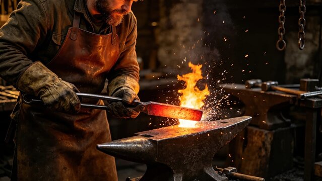 Blacksmith holding glowing iron over forge