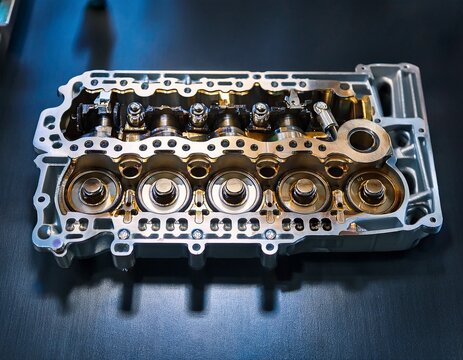 close up view of an internal combustion engine cylinder head assembly with mechanical valve train and timing chain components