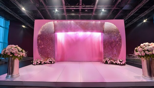 luxury pink exhibition booth with floral decorations and glowing abstract wall design in a trade show