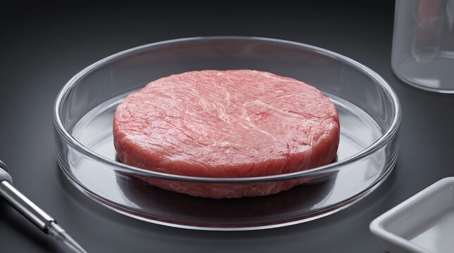 Close-up of lab-grown meat sample in glass petri dish, realistic pink tissue texture, surrounded by generic laboratory equipment, dark background, studio lighting