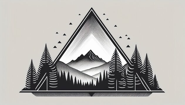 minimalist mountain landscape with pine trees in triangle frame black and white line art forest scene for modern branding clean nature ill