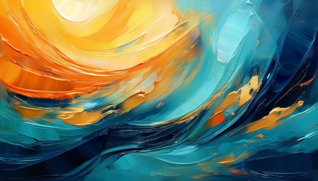 vibrant abstract oil painting featuring swirling brushstrokes of deep blue teal and warm golden orange hues expressing dynamic motion