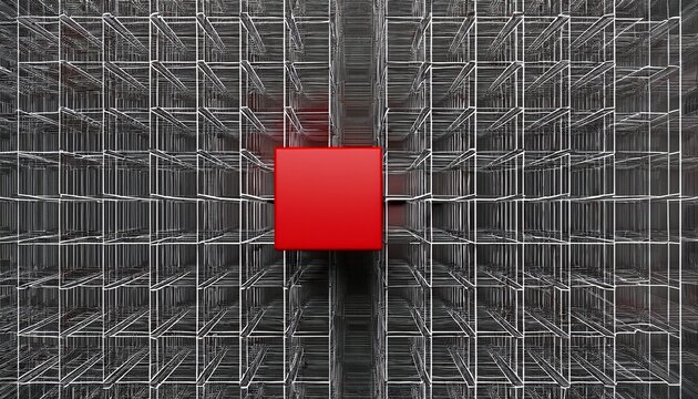 unique red 3d cube among grey wireframe boxes representing leadership and individuality concept