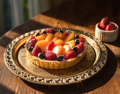 warm fruit tart on antique tray in warm sunlight