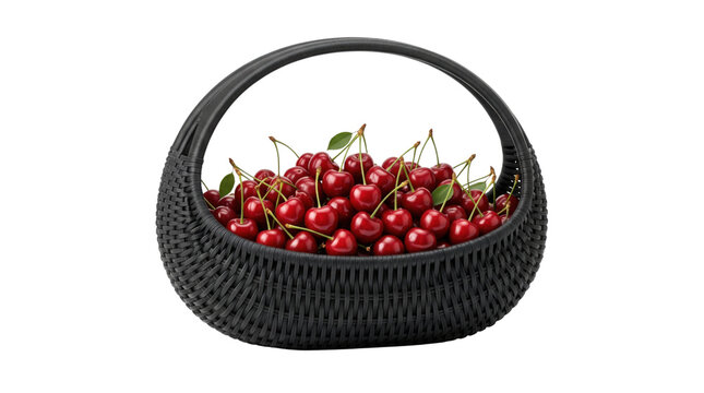 Fresh red cherries in a black wicker basket, ripe summer berries with green leaves, organic fruit harvest on white background