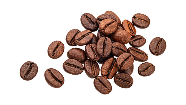 Top View of Roasted Coffee Beans Grouped as Twenty-Six Pieces on White Background