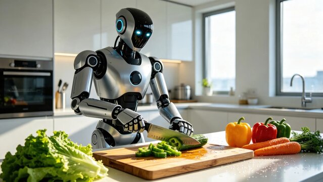 Humanoid robot chopping vegetables in kitchen