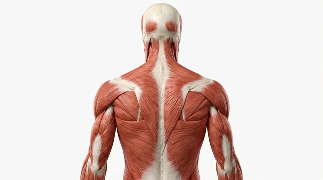 Highly detailed posterior view of human muscular system showing back and shoulder muscle anatomy