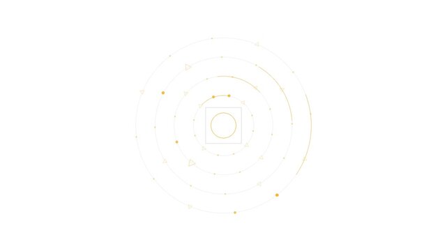 Abstract geometric design featuring minimalist golden circular patterns and central square on white background