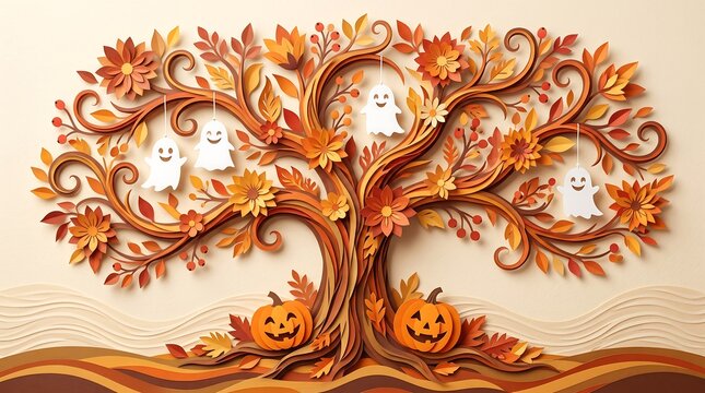4K Halloween autumn tree with glowing ghost faces and pumpkins on warm background wallpaper