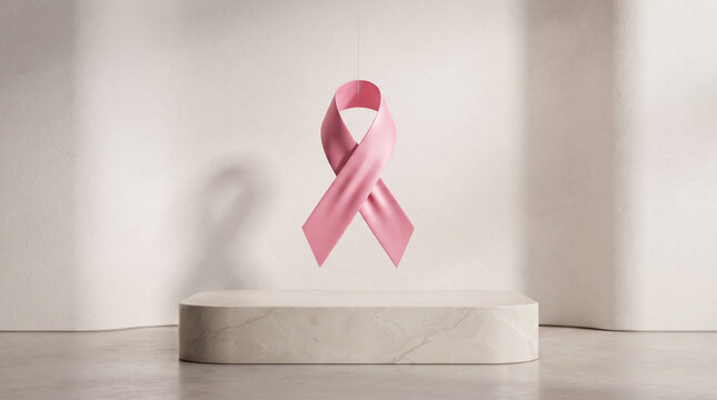Premium 3D pink ribbon floating above a minimalist podium with elegant lighting and generous copy space, Pink October, Breast Cancer Prevention Campaign