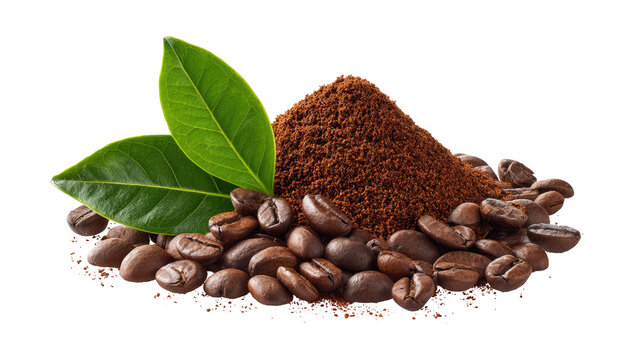 Heap of Roasted Coffee Beans and Ground Powder with Green Leaves 55