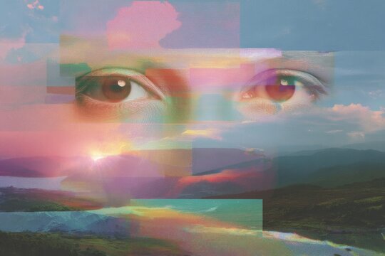 Rainbow glitch collage with floating human eyes over misty landscape for surreal background and poster design
