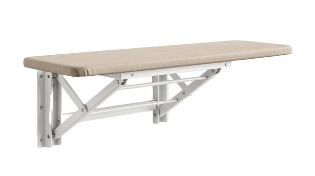 Wall-mounted folding ironing board, space-saving laundry room furniture, compact collapsible ironing station with beige fabric cover