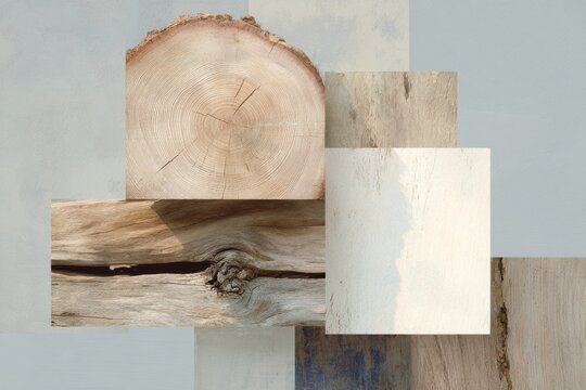 Raw wooden texture collage with tree rings and crosscut slices for natural background and rustic material design
