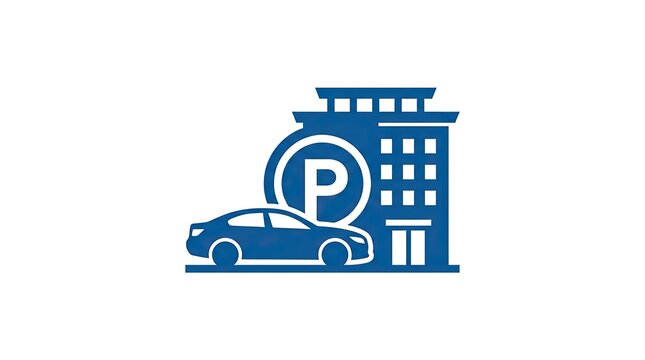 Blue hotel parking icon with car and building symbol for travel and hospitality signage.