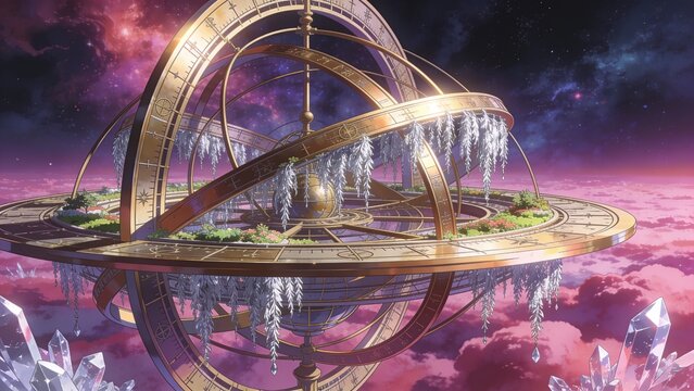 Colossal floating astronomical observatory with brass astrolabe rings