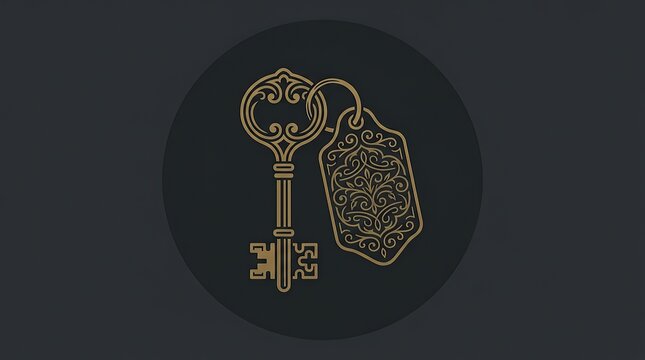 Gold hotel key logo icon with futuristic circuit design on black glossy background