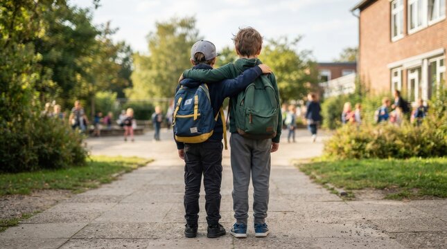 Two young boys with backpacks walking together outdoors