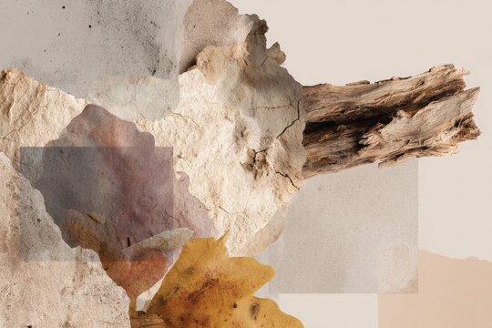Warm earthy collage of weathered tree bark leaves torn paper and layered textures for rustic background wallpaper and natural design