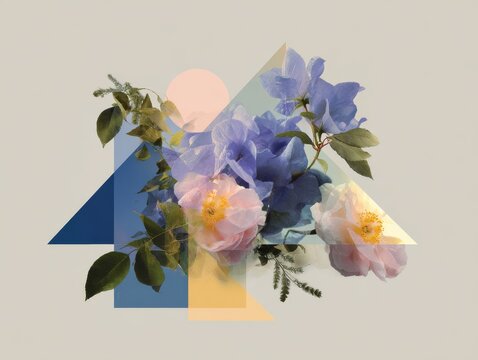 Flat geometric collage with floral integration featuring roses and blue blooms for minimalist poster and wall art design