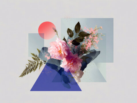 Geometric floral composition with pastel roses and leaves integrated into shapes for wallpaper and surface pattern design