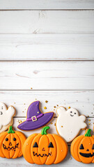 ハロウィンのアイシングクッキーとかぼちゃやお化けのモチーフ　木目調の背景に配置された文字入れ可能なコピースペース付きの季節の飾り付け素材 © Umechi