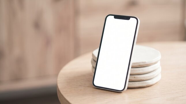 Smartphone Mockup with Blank Screen Leaning on Stack of White Ceramic Coasters for App UI Presentation and Mobile Design Showcase