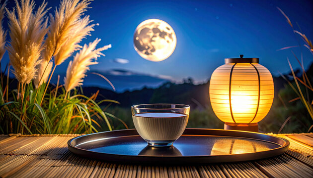 お月見の夜の静かな風景　満月とススキと提灯と和風の器　秋の夜長を感じさせる落ち着いた雰囲気の背景素材　チラシやWebバナーや季節の挨拶状に活用できるコピースペースのある夜景画像