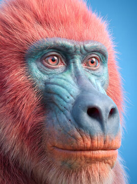 Close up portrait of a colorful mandrill primate with vibrant blue and red facial features.