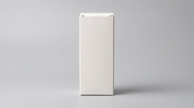 Blank white cardboard product box standing upright on a neutral gray background for packaging mockup