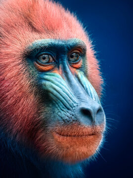 Close up portrait of a colorful mandrill monkey face with blue and red skin.