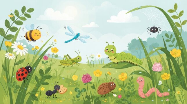 Cute cartoon illustration of various insects and bugs in a sunny meadow