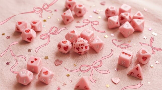 A collection of pink heartthemed polyhedral dice on a decorative surface