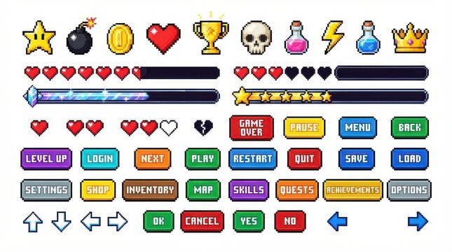 Pixel art video game user interface elements isolated on white background