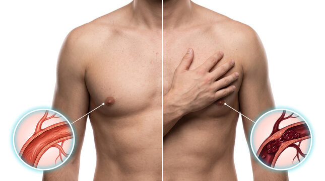 Chest pain and coronary artery disease comparison in male body, healthy and blocked blood vessel anatomy with cardiovascular health concept