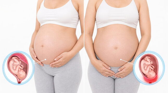 Pregnancy Fetus Prenatal Care, medical illustration showing pregnant women with developing fetus and uterus during maternal healthcare and pregnancy