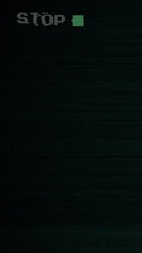 Retro style STOP icon symbol. Tracking Distortion VHS Stop Tape Glitch  with glitch effects  on black background 