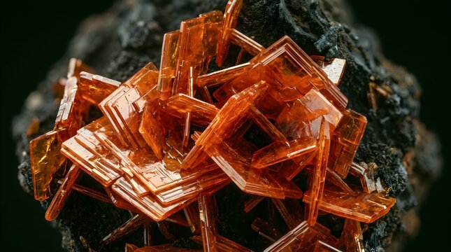 Wulfenite crystal specimen, orange tabular mineral clusters on dark matrix rock, macro geological photography