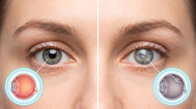 Cataract eye vision comparison, cloudy lens opacity eye disease and ophthalmology medical condition concept