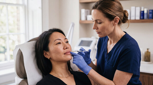Lip filler injection procedure performed by professional aesthetic nurse on female patient in medical aesthetic clinic